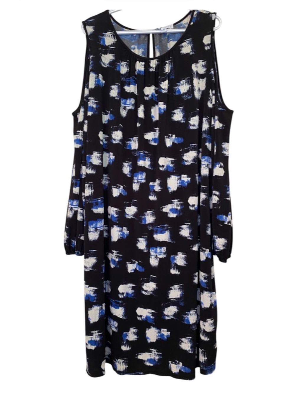 Black Cold-Shoulder Long Sleeve Dress with Blue & White Brushstroke Print